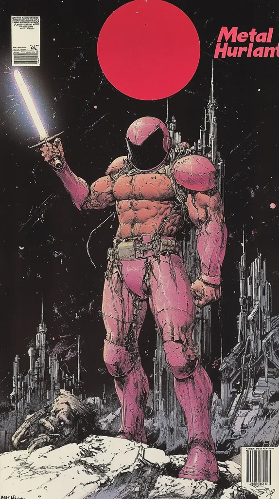A striking cover for "Metal Hurlant" features a muscular, pink-armored figure wielding a glowing sword.  The character stands against a backdrop of a futuristic city under a large red planet. The art style is gritty and detailed, with a blend of science fiction and fantasy elements.  The overall mood is dark and slightly ominous, emphasizing the character's powerful presence.