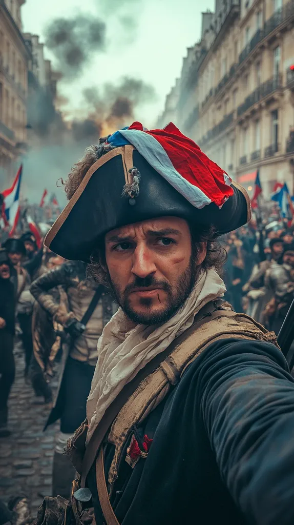 A man in a tricorn hat and period costume, possibly representing a French revolutionary soldier, stands amidst a smoky, chaotic street scene.  He wears a tattered, cream-colored scarf and a dark jacket, his expression serious.  French tricolors are visible in the background, suggesting a period of unrest or conflict.  The cobblestone street and old Parisian buildings complete the setting.