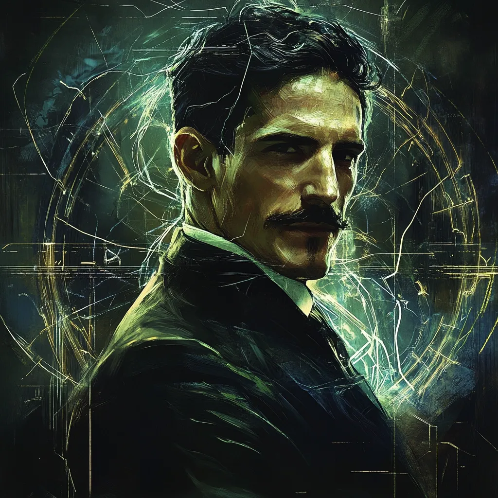 A stylized portrait of Nikola Tesla, depicted in a dark, moody atmosphere.  He is shown from the chest up, wearing a dark suit and a thin mustache.  Surrounding him are swirling lines of energy, suggesting electricity and innovation. The painting uses a textured, impasto style, adding depth and drama to the image.  The overall effect is one of mystery and power, reflecting Tesla's enigmatic legacy.