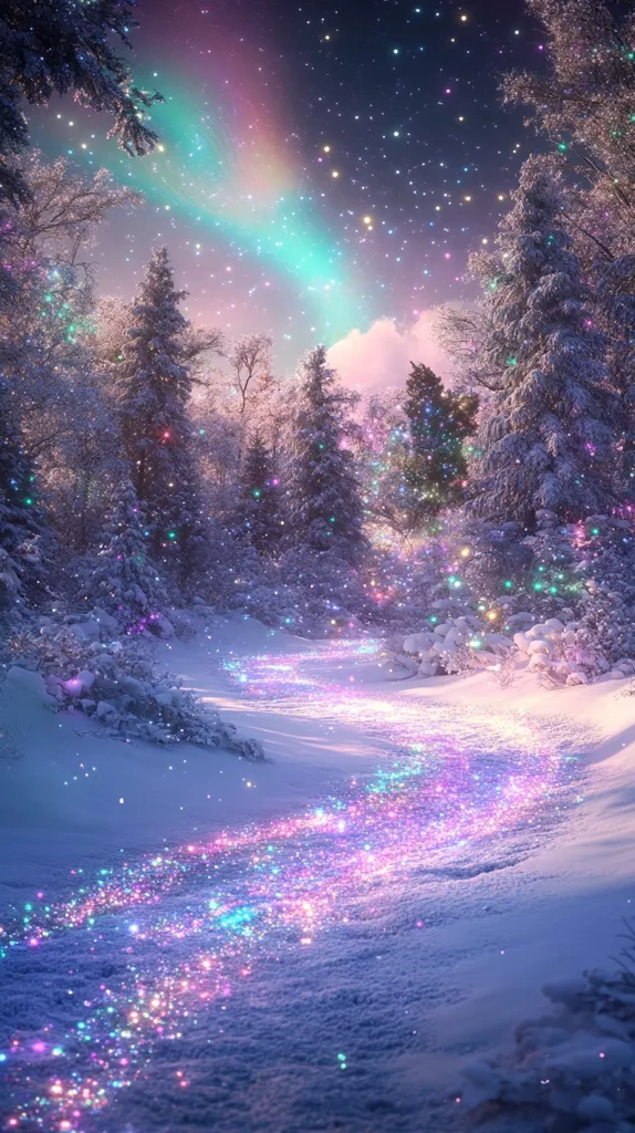 A whimsical winter scene unfolds under a vibrant aurora borealis.  Snow-covered trees line a path shimmering with iridescent sparkles, creating a magical, ethereal atmosphere.  The sky is filled with twinkling stars, enhancing the dreamlike quality of the snowy landscape.  It's a captivating image of fantastical winter beauty.