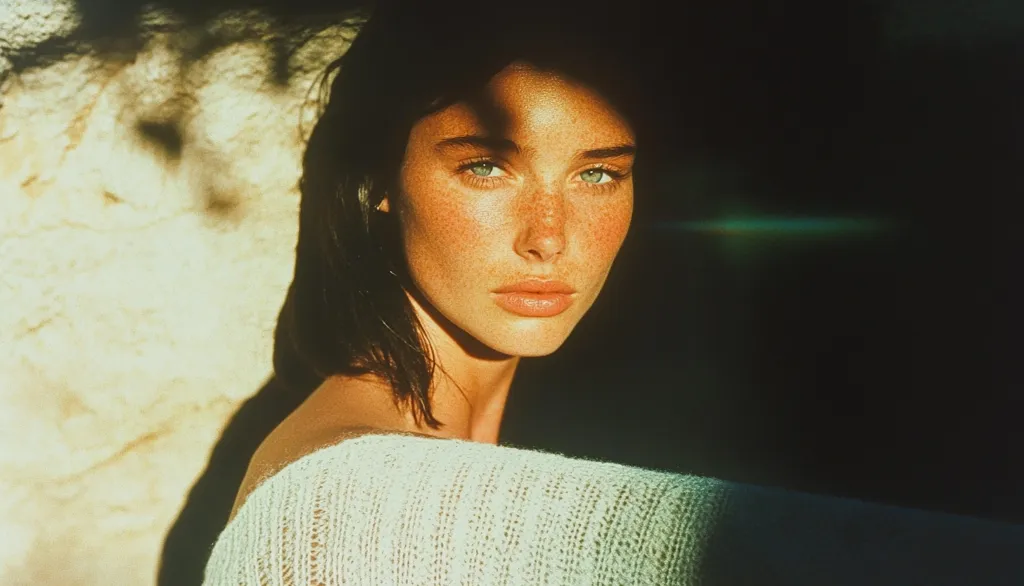 A young woman with freckles and light eyes is captured in a close-up shot.  Sunlight illuminates her face, casting shadows on a light beige wall behind her.  She wears a light-colored knitted sweater, and her dark hair frames her face. The image has a warm, sun-drenched aesthetic with a slightly grainy texture.  The overall mood is serene and natural.