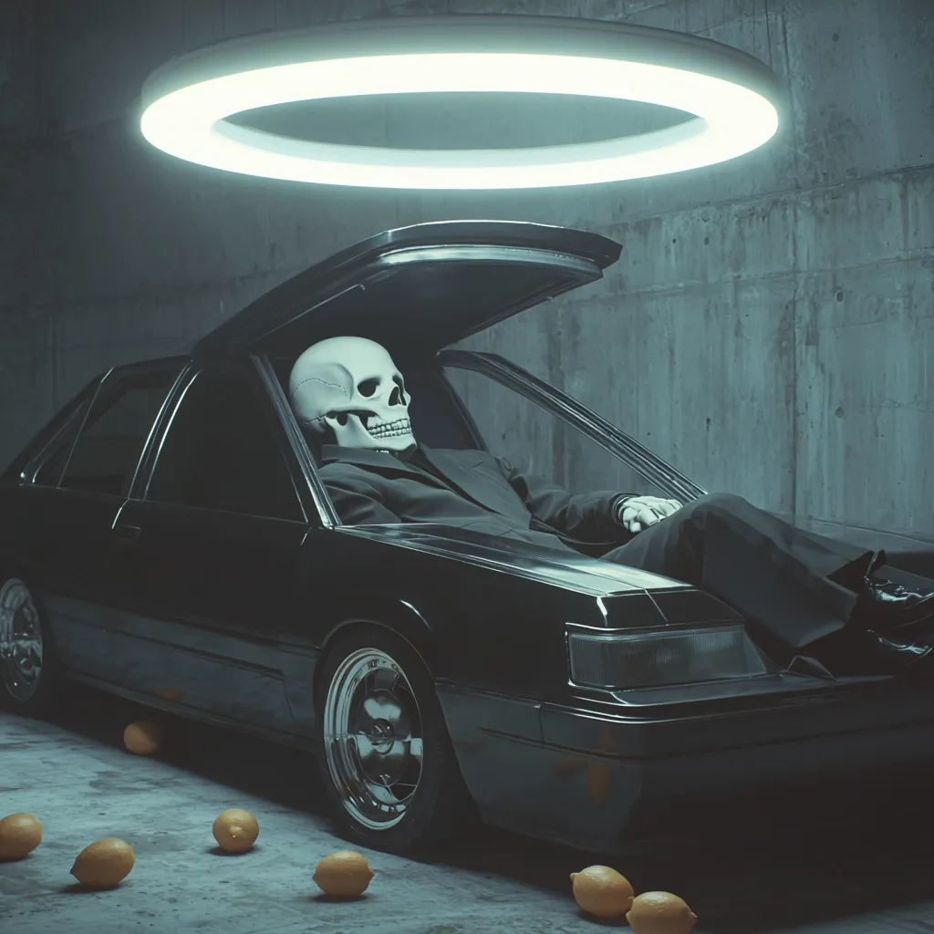 A surreal image depicts a skeletal figure in a suit, wearing a skull mask, reclining in a sleek black car with its roof open.  A glowing halo-like ring hovers above.  Scattered lemons lie on the ground, adding to the enigmatic atmosphere of the scene, set in a dimly lit, concrete garage. The overall mood is dark, mysterious, and slightly humorous.