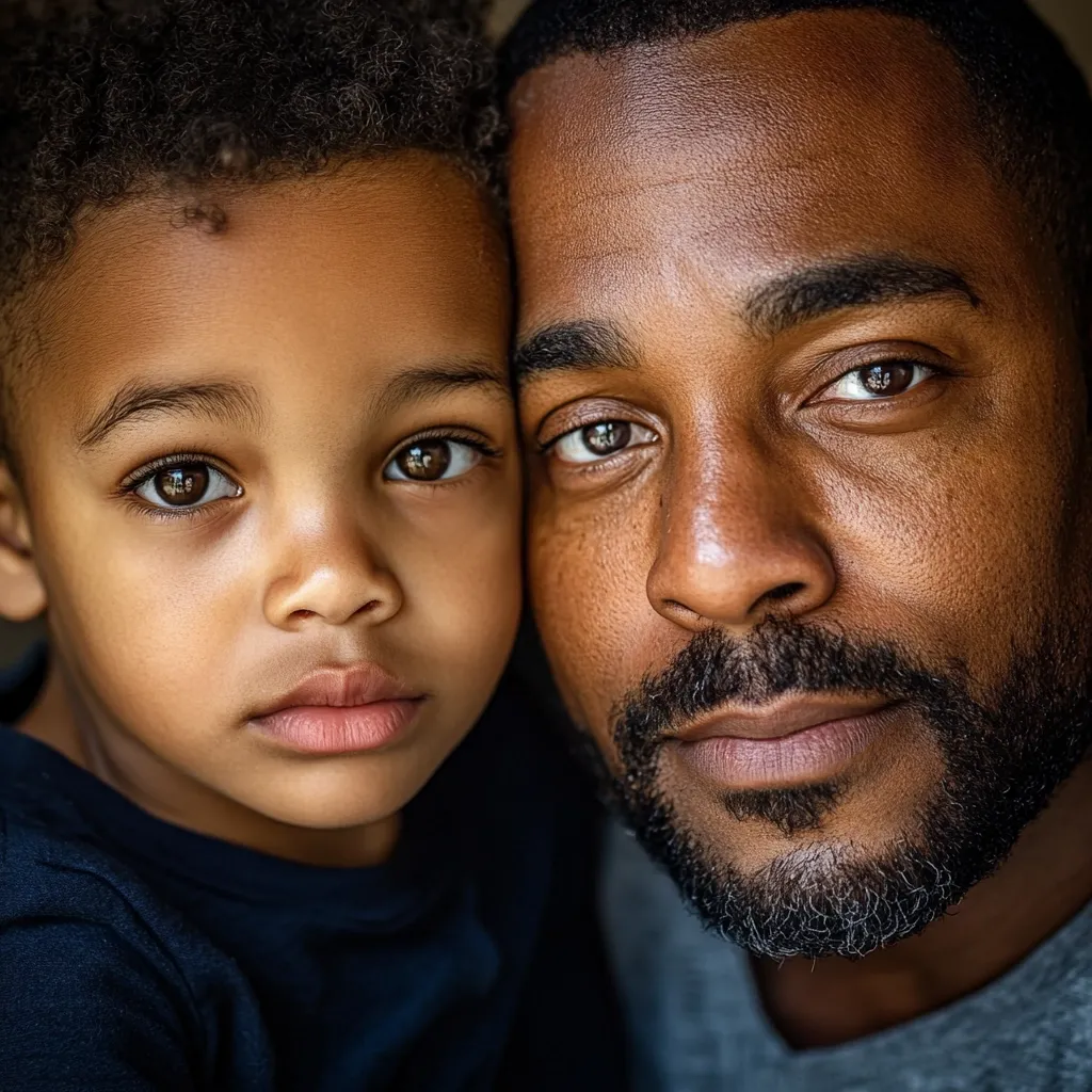 A close-up portrait captures the tender bond between a father and his young son.  The boy, with dark, expressive eyes, rests his head against his father's shoulder.  The father's gaze is direct, conveying a sense of love and protection. Both faces are beautifully lit, highlighting their rich skin tones and shared features.  The image exudes warmth and intimacy.