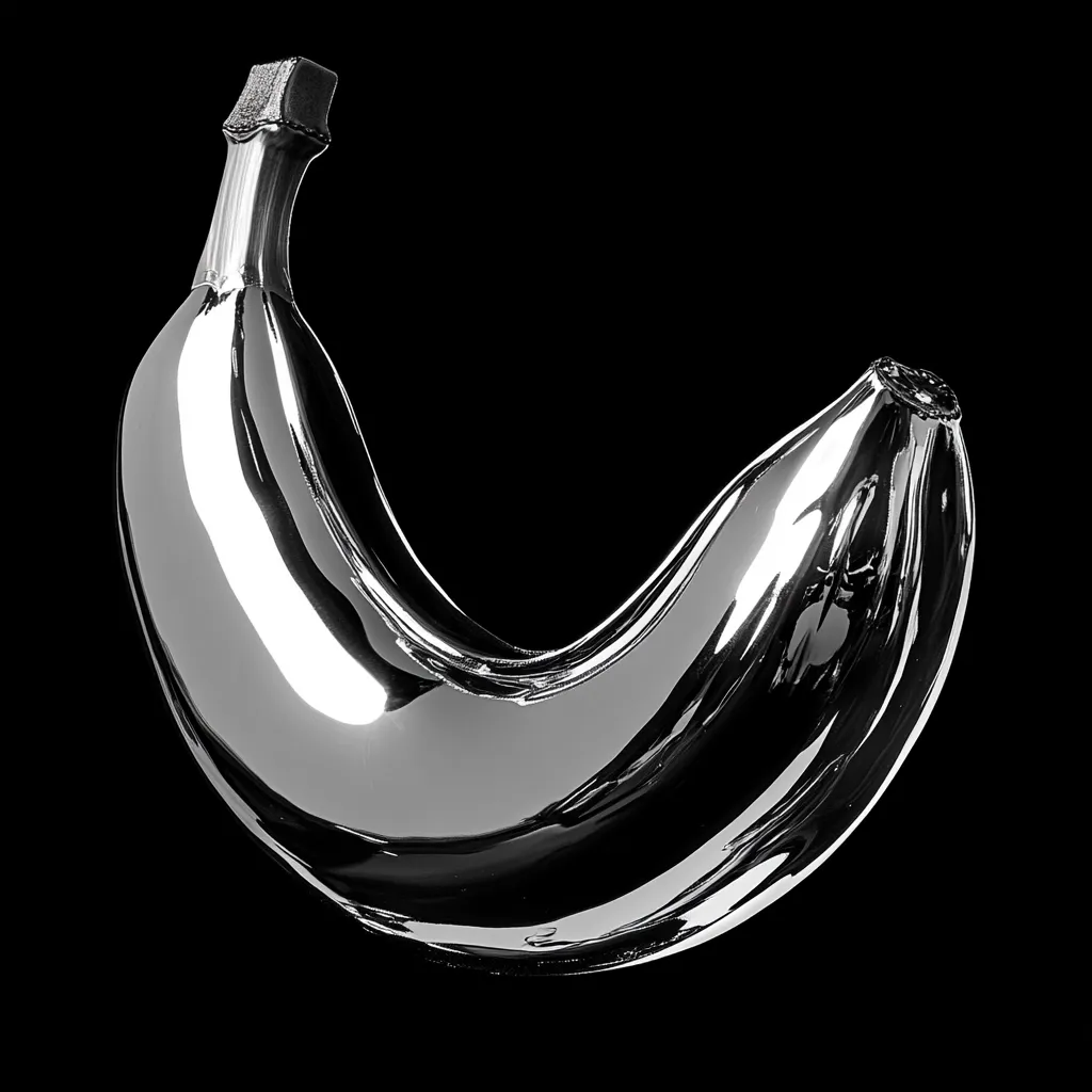 A highly polished, chrome-plated banana is presented against a stark black background.  The reflective surface creates a striking contrast, highlighting the smooth curves and shape of the fruit.  The stem is clearly visible, adding detail to the surreal, almost sculptural quality of the image. The banana's form is perfectly captured in this high-contrast monochrome photograph.