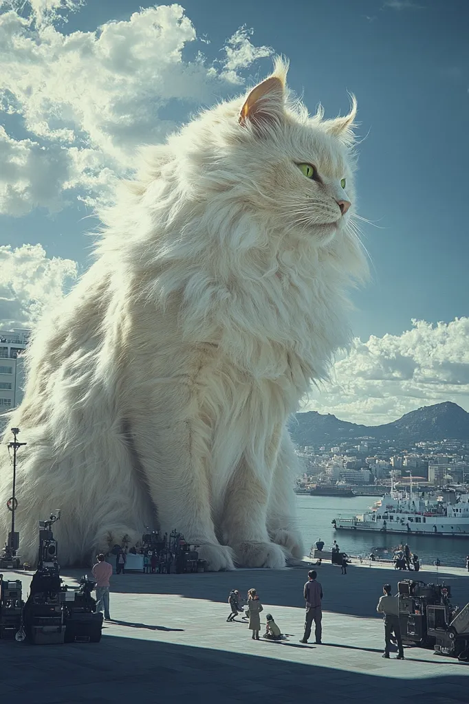 A colossal white long-haired cat sits majestically in a city square, dwarfing humans and buildings. Its immense size is emphasized by the scale of the people and vehicles around it, creating a surreal and awe-inspiring scene.  The cat gazes out towards a harbor with boats and distant mountains under a partly cloudy sky. The overall mood is a blend of fantasy and reality.