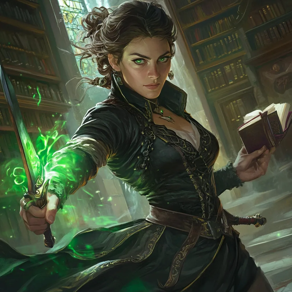 A powerful sorceress, clad in dark green attire adorned with gold filigree, stands within a grand library.  Emerald-green magic flares from her arm as she wields a dagger, her gaze intense and unwavering.  A small book is held in her other hand.  The scene suggests both power and scholarship, hinting at a mystical and intellectual prowess.