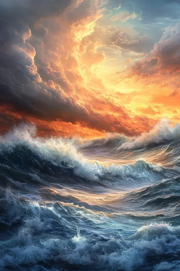 A dramatic seascape unfolds under a breathtaking sunset.  Massive waves crash and churn, their crests white with foam against a deep blue ocean. Above, the sky is a fiery spectacle of oranges, yellows, and deep reds, contrasting with darker storm clouds. The scene is both powerful and awe-inspiring, a testament to the raw beauty of nature.
