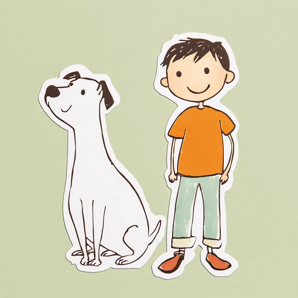 A charming illustration features a boy and his dog.  The boy, with short dark hair and an orange shirt, stands beside a seated white dog with black ears.  Both figures are drawn in a simple, childlike style with bold outlines and muted colors.  They are presented against a pale green background.  The overall image evokes a sense of warmth and companionship.