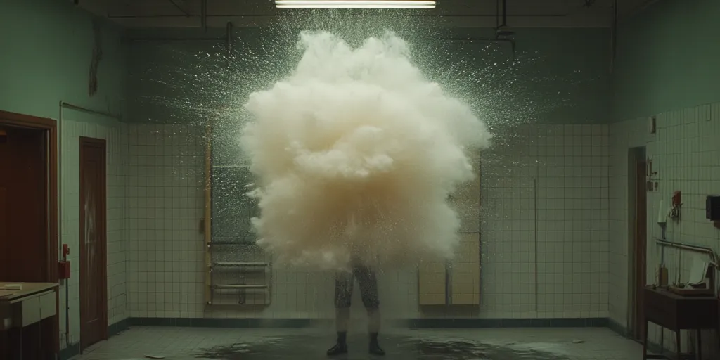 A person stands in a tiled room as a large cloud of white powder explodes around them. The powder billows outward, creating a dramatic visual effect. Water droplets are visible in the air, suggesting a possible interaction with liquid. The room appears to be a restroom or changing area, with doors and a ladder visible in the background. The overall atmosphere is surreal and striking.