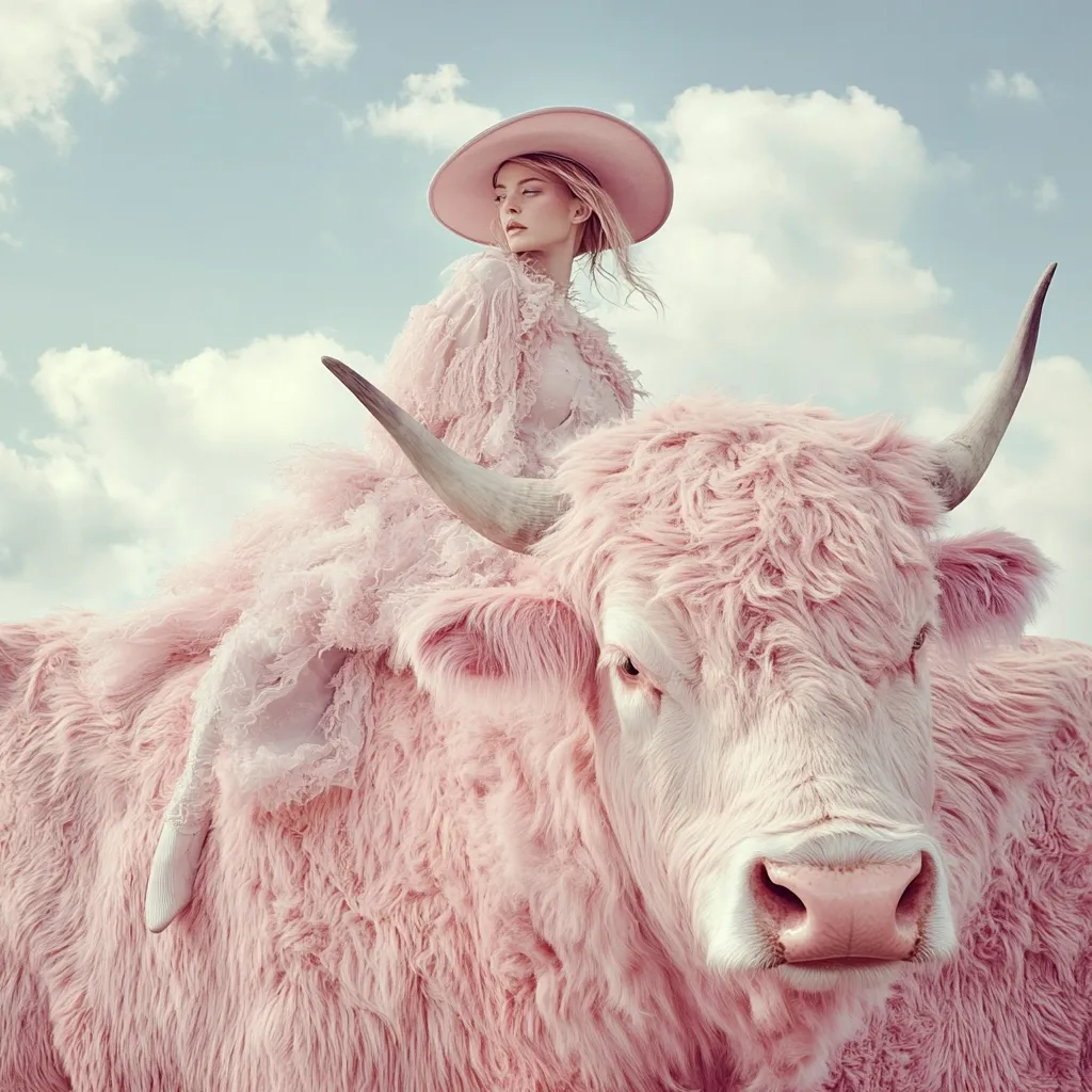 A blonde woman in a pink, fluffy dress and wide-brimmed hat sits atop a fluffy, light pink bull against a cloudy sky.  The scene is surreal and dreamlike, with a soft, pastel color palette dominating the image.  The woman's pose is elegant and serene, contrasting with the unexpected juxtaposition of her and the animal.