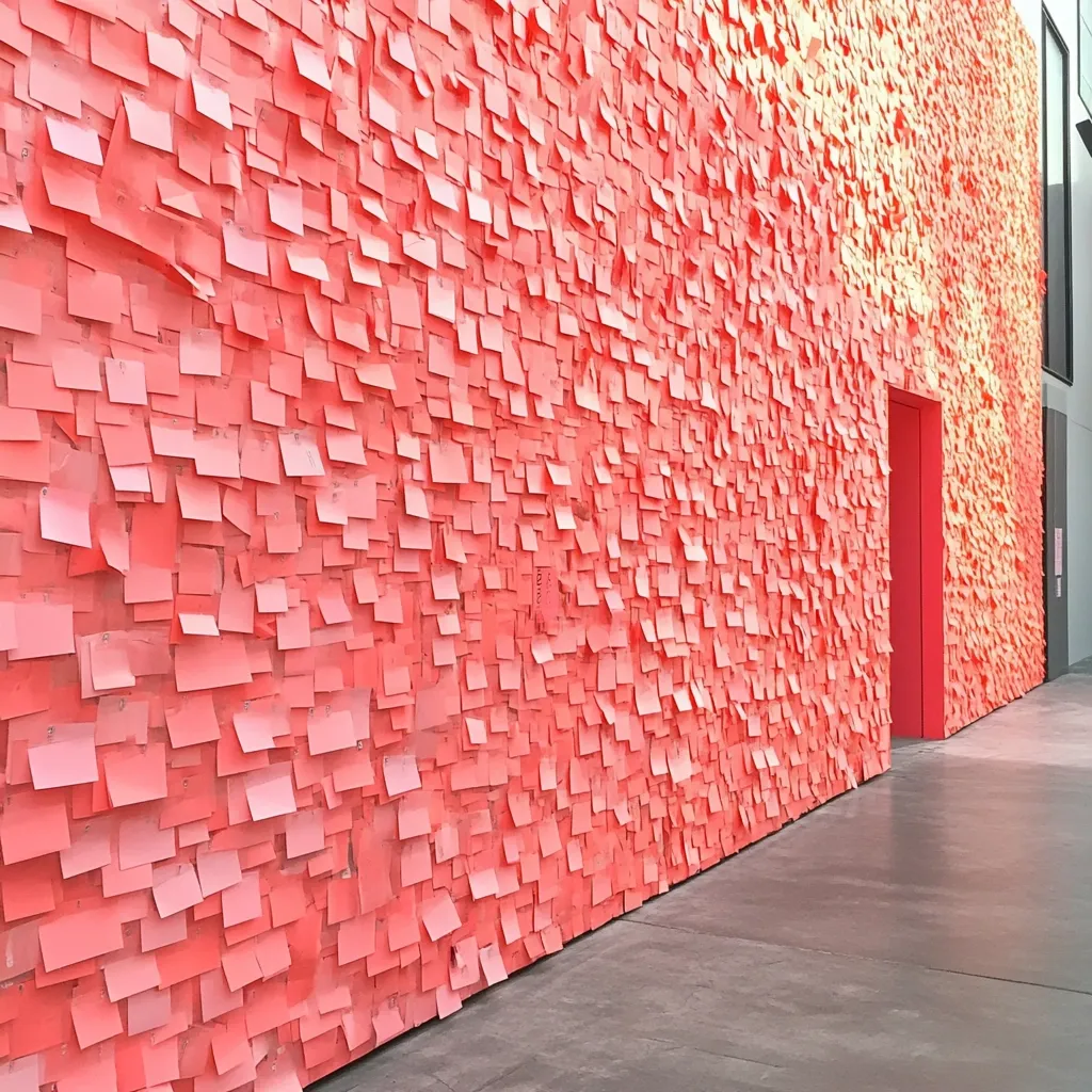 A wall is completely covered in hundreds of light coral-colored sticky notes.  The notes are densely packed, overlapping slightly, creating a textured surface.  A bright red door is partially visible on the right side of the wall. The floor is a smooth, light gray concrete. The overall impression is of a large-scale art installation or an unusual display.