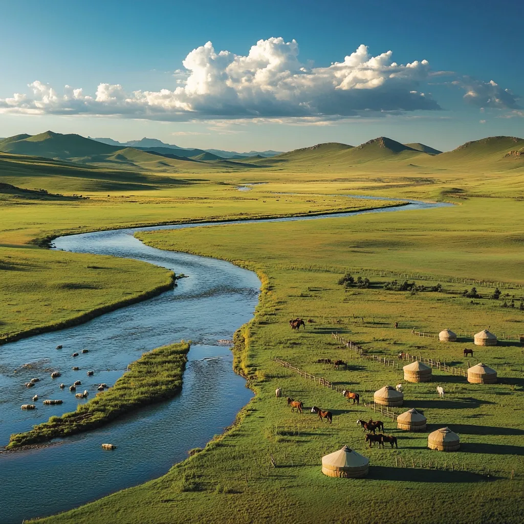 A serene landscape unfolds, showcasing a meandering river flowing through lush green pastures under a partly cloudy sky.  Rolling hills form a picturesque backdrop.  Several traditional yurts are scattered across the grassland, with horses grazing peacefully nearby. The scene evokes a sense of tranquility and the vastness of the steppe.