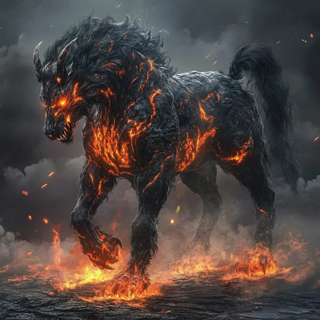 A terrifying, demonic creature resembling a horse stands amidst a fiery landscape. Its body is composed of dark, volcanic rock, with glowing orange lava veins pulsating beneath the surface.  Fiery embers and smoke surround it, adding to its infernal presence.  The beast's eyes burn with an eerie light, and its snarling expression conveys malice and power.  The overall image suggests a creature of immense destructive force, born from the depths of hell.