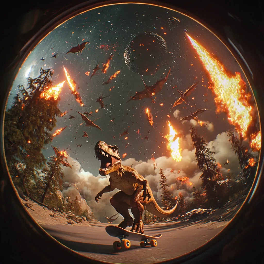 A fisheye lens captures a T-Rex skateboarding amidst a fiery, apocalyptic scene.  Numerous pterodactyls fly through the air as flaming meteors streak across a dark, star-filled sky.  Trees burn in the background, creating a dramatic contrast to the dinosaur's seemingly nonchalant skateboarding. The overall image is surreal and visually striking.