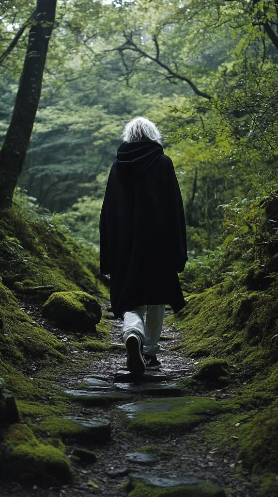 A person with gray hair walks down a mossy path in a lush green forest. They are wearing a long, dark hooded coat and light-colored pants. The path is made of uneven stones, and the forest is dense with tall trees and vibrant green foliage.  The atmosphere is serene and mysterious.
