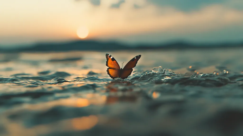 A lone butterfly with orange and brown wings rests on the gentle waves of a calm body of water.  The setting sun casts a warm glow on the scene, creating a tranquil and serene atmosphere. The blurred background shows a serene landscape, with the focus sharply on the delicate butterfly.  The image evokes a feeling of peace and natural beauty.