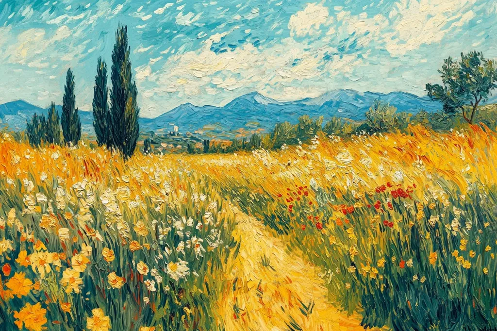 A vibrant landscape painting, reminiscent of Van Gogh's style, depicts a sun-drenched field of wildflowers.  A dirt path meanders through the yellow and white blossoms, leading towards distant blue mountains under a bright, slightly cloudy sky.  Tall, dark cypress trees stand in the foreground, adding depth to the scene. The impasto technique creates a textured, energetic feel.