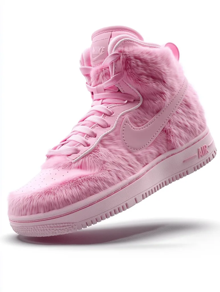 A pair of pink Nike Air Force 1 high-top sneakers are shown.  The shoes are covered in a soft, fluffy pink fur, giving them a plush and luxurious appearance.  The iconic Nike swoosh is visible, and the "Air" branding is on the heel.  The shoes are presented against a clean white background, highlighting their texture and color.