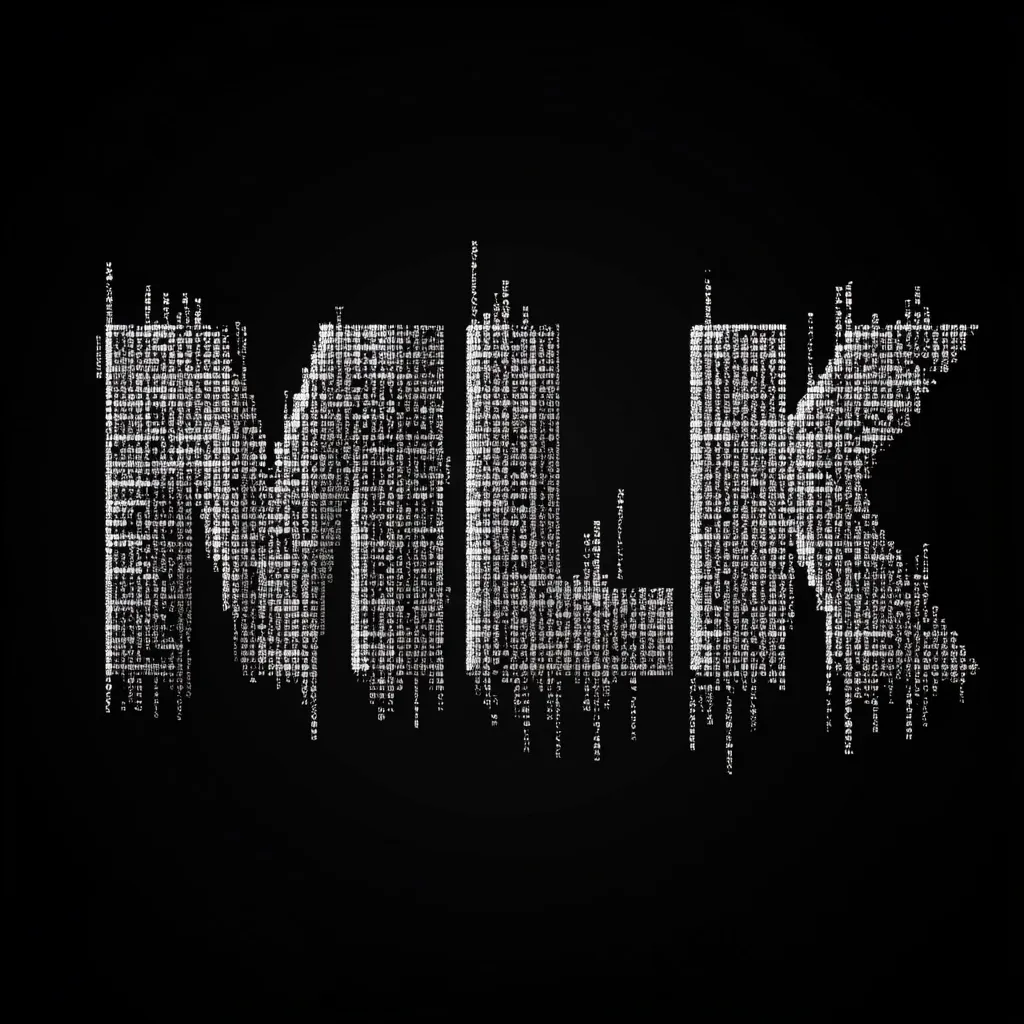 The image displays the letters "MLK" formed from a dense array of tiny, light-grey characters on a black background.  The characters resemble code or text, suggesting a digital or technological representation. The letters appear slightly glitched or distorted, adding to a feeling of technological abstraction.  The overall effect is a stylized and modern depiction of the initials of Martin Luther King Jr.