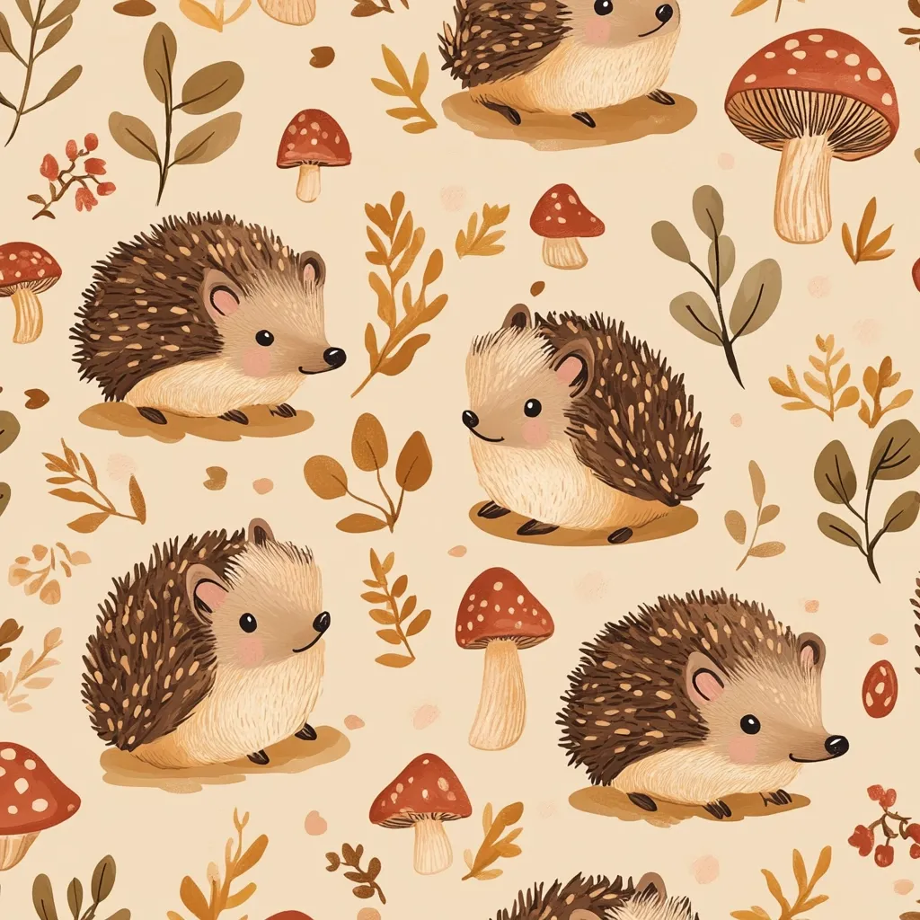A seamless pattern featuring adorable hedgehogs nestled amongst autumnal foliage and mushrooms.  The hedgehogs are depicted in a charming, slightly stylized manner with earthy brown and beige tones.  Red-capped mushrooms and various leaves complete the autumnal scene, creating a warm and inviting design.