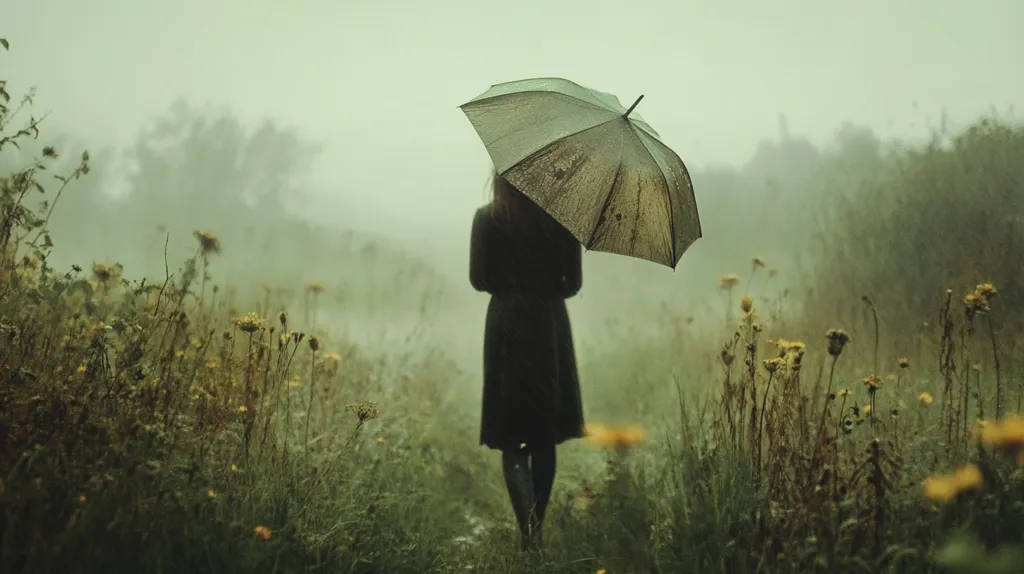 A lone woman walks through a misty field, her dark dress and umbrella a silhouette against the muted green landscape.  Rain falls softly, creating a melancholic atmosphere.  Wildflowers dot the path, their muted yellow hues contrasting with the overall subdued palette.  The scene is quiet and contemplative, evoking a sense of solitude and introspection.