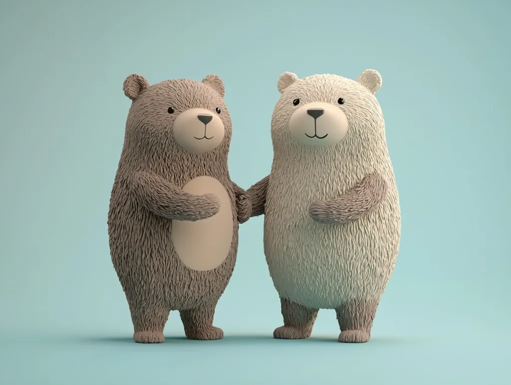 Two adorable cartoon bears stand side-by-side against a pale blue background.  A brown bear and a white bear are depicted holding hands, their fuzzy texture and simple features creating a cute and friendly image. The bears' posture and expression convey a sense of companionship and affection.  The scene is minimalist and charming.