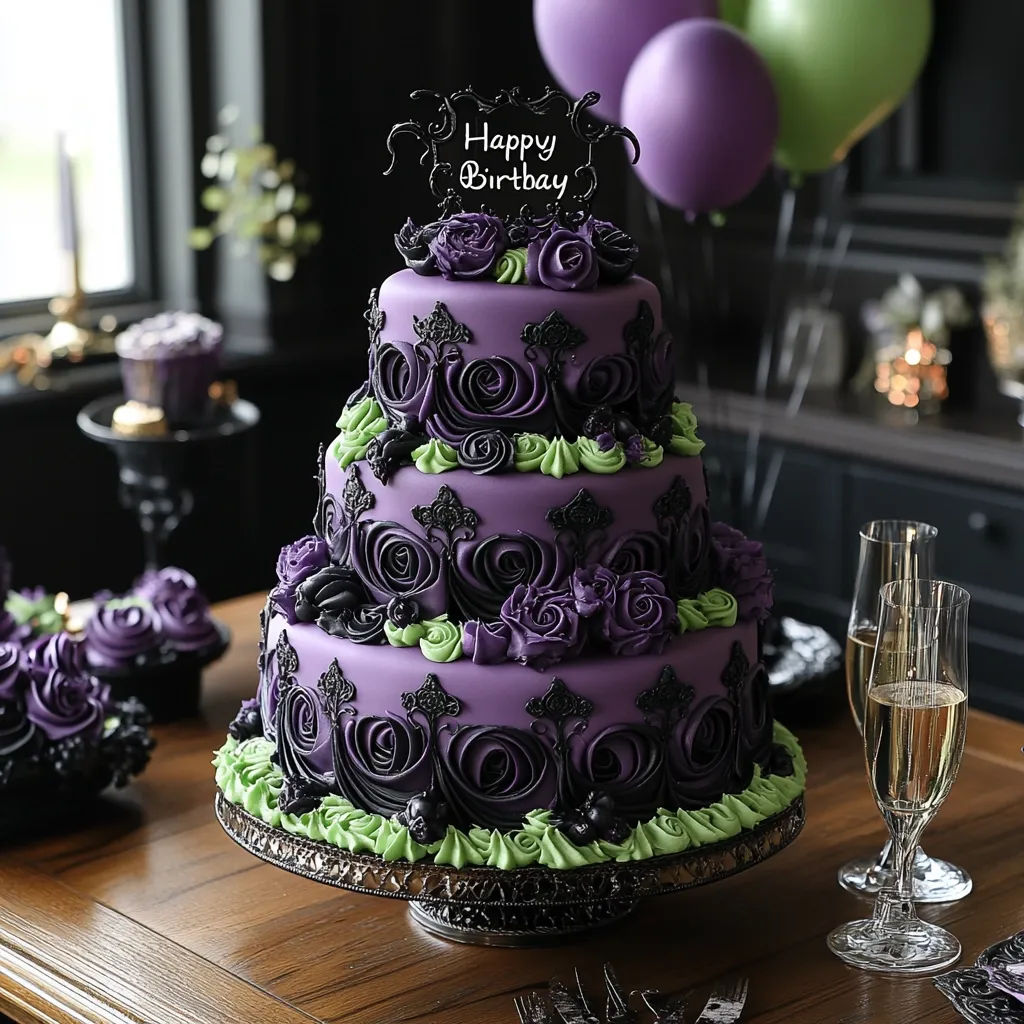 A three-tiered purple and black birthday cake is the centerpiece of a table setting.  Each layer is adorned with intricate piped rosettes and lace detailing.  The cake sits on a metallic stand, surrounded by champagne flutes and smaller, matching cupcakes. Purple and green balloons add to the celebratory atmosphere.  A "Happy Birthday" cake topper sits proudly on top.  The overall aesthetic is dark, elegant, and sophisticated.