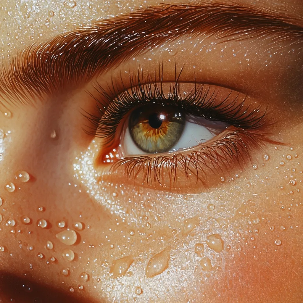 A close-up, hyperrealistic depiction of a woman's eye and surrounding skin.  The skin glistens with water droplets, suggesting perspiration or dew.  The eye is striking, featuring long lashes and a captivating blend of green and gold in the iris. The brow is well-defined and adds to the overall beauty and captivating detail of the image. The lighting is warm and creates a sun-kissed effect.