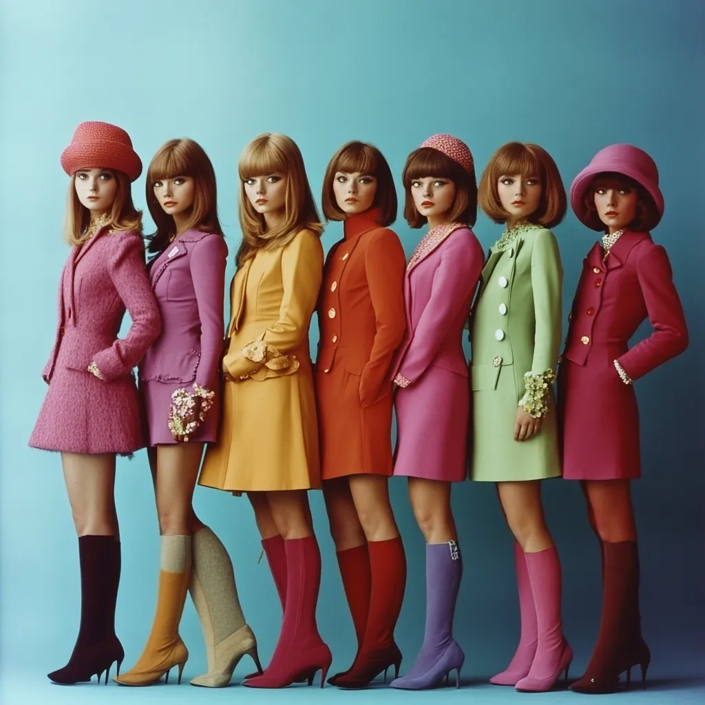 Seven young women in brightly colored 1960s mini-dresses and matching boots pose against a light blue background.  Each wears a different color:  pink, purple, orange, red, hot pink, lime green, and fuchsia.  Their short bob haircuts and hats complete the mod look. The photo is a vibrant example of 60s fashion.