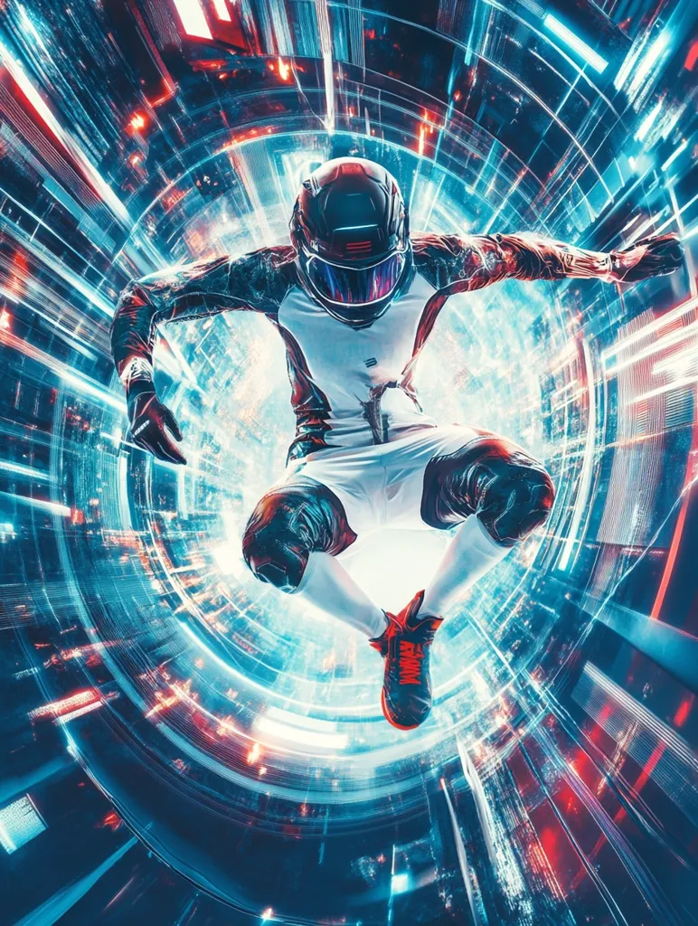 A futuristic athlete, clad in a high-tech suit and helmet, performs a dynamic leap through a vibrant, swirling tunnel of light and data streams.  The image is a blend of action and futuristic technology, showcasing speed, energy, and a sense of breathtaking movement within a digital cityscape.  Red and blue neon lights illuminate the scene, enhancing the overall dynamic energy.