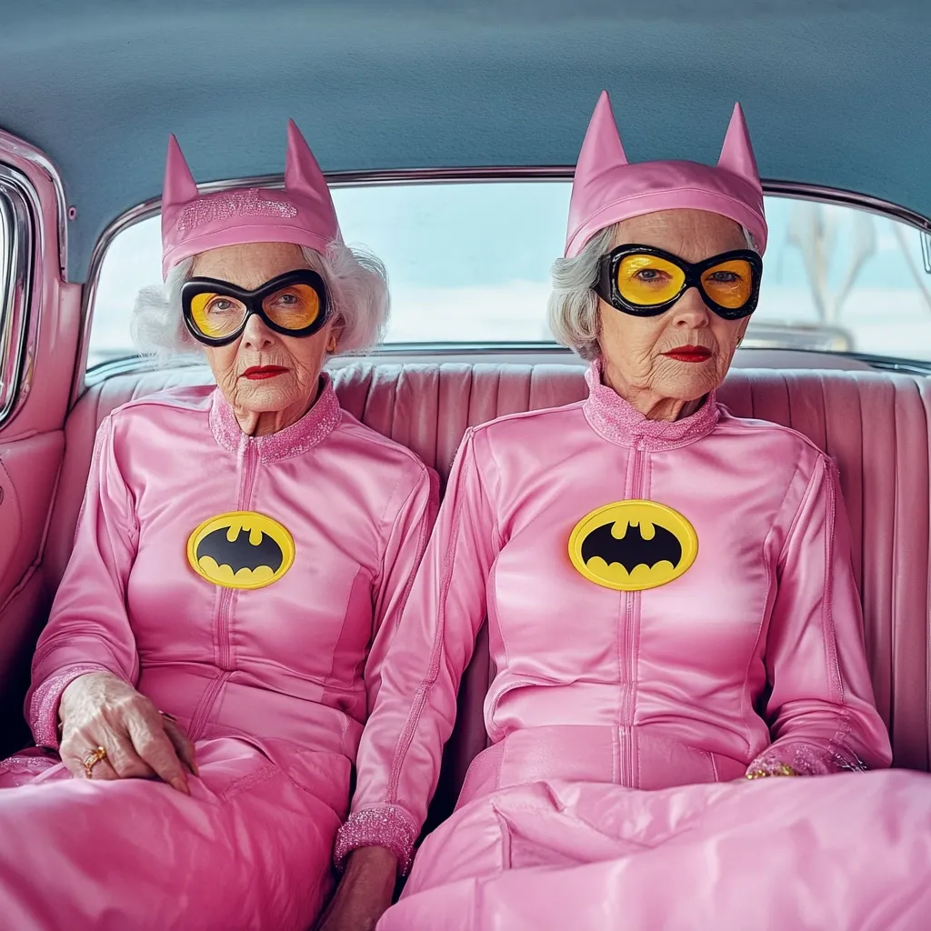 Two elderly women, twin sisters, sit side-by-side in a vintage pink car.  They wear matching pink Batman-themed outfits, complete with bat ears headwear and yellow goggles.  The image presents a humorous contrast between their age and the superhero attire, creating a playful and slightly surreal scene.  Their serious expressions add to the quirky charm.