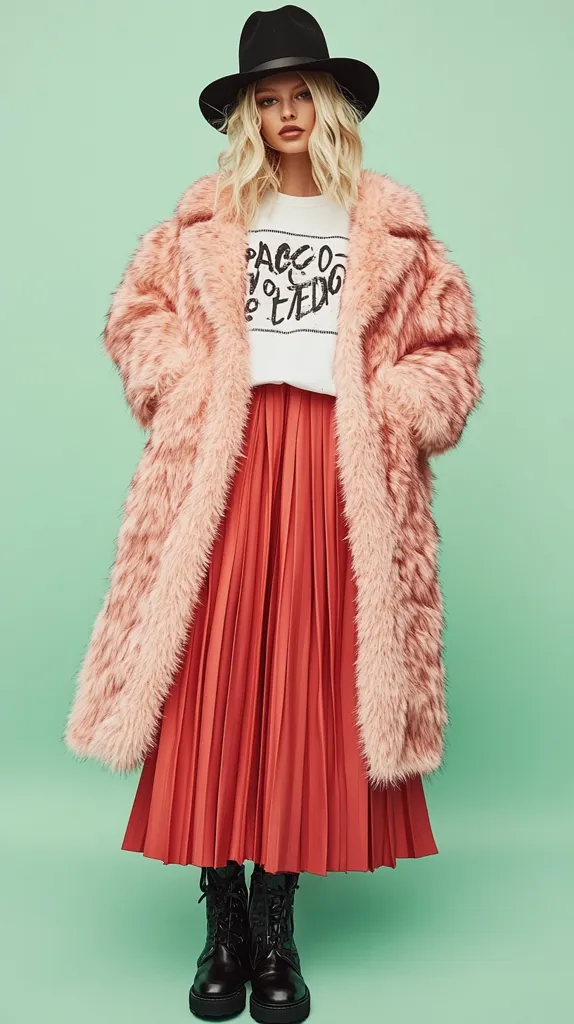 A blonde model wears a long, light pink faux fur coat over a coral pleated midi skirt and a white graphic tee.  She accessorizes with a black fedora and black combat boots.  The backdrop is a solid mint green. The overall style is chic and casual with a touch of vintage flair.