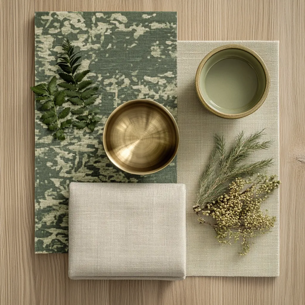 A flat lay showcasing earthy tones and textures.  A dark green patterned fabric sits beside a light beige fabric.  Two brass bowls and two small sprigs of greenery, one fern and one flowering plant, are artfully arranged on top. A light green bowl rests on the beige fabric, completing the muted palette and natural aesthetic. The scene is photographed on a light wood surface.