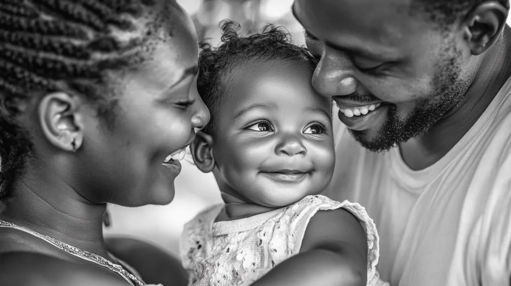 A black and white close-up shot captures a tender moment between a young family.  A mother and father lovingly embrace their infant child, their faces close together, expressing immense joy and affection. The baby's contented expression reflects the warmth and love surrounding them.  The image is intimate and heartwarming, emphasizing the strong bond within the family unit.