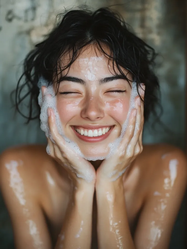 A young woman with dark, wet hair smiles broadly as she washes her face with a cleansing foam.  Her eyes are closed in contentment, and her skin glows with moisture.  The soap creates a soft, white lather around her face and hands.  The overall image conveys a feeling of serenity and self-care.