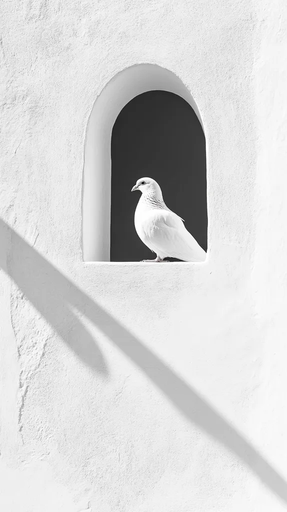 A white dove rests serenely on the sill of an arched niche set into a stark white wall.  The contrast between the bird's pure white plumage and the minimalist architecture creates a peaceful and contemplative image.  A long shadow stretches across the wall, adding depth to the scene. The overall aesthetic is one of simplicity and quiet beauty.