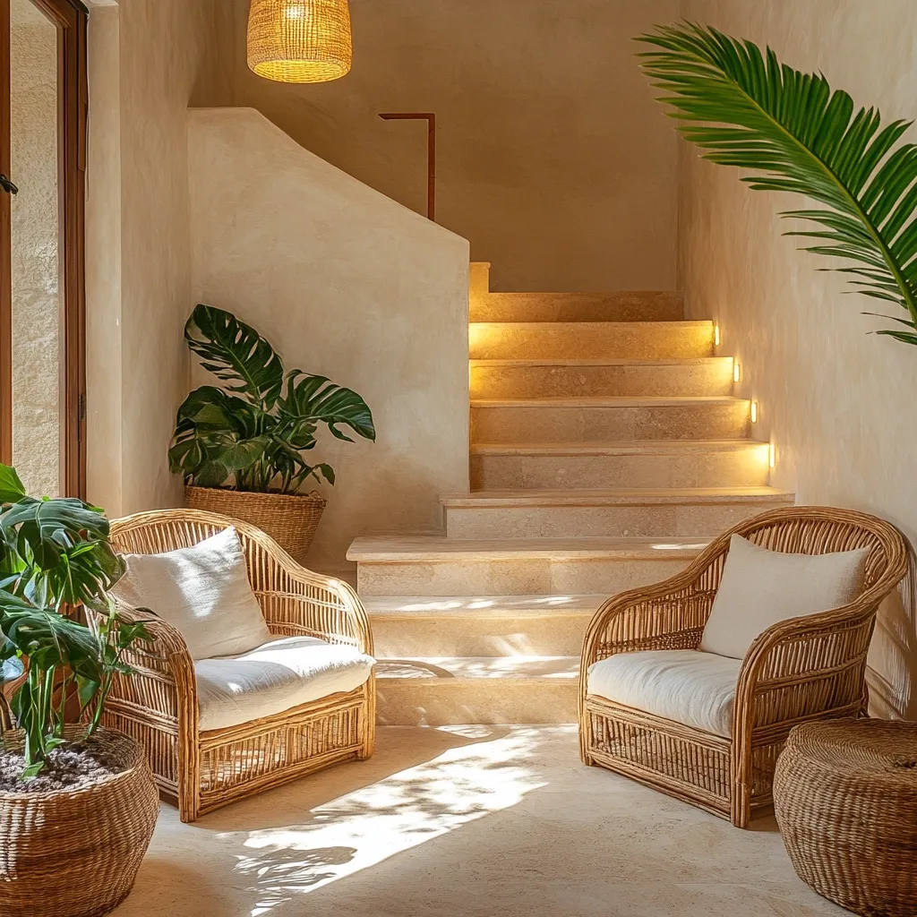 Sunlight streams into a serene interior space featuring a beige stone staircase subtly lit from below.  Two light-colored wicker armchairs with off-white cushions flank the staircase, creating a relaxing seating area. Lush potted plants, including monsteras, add to the calm, natural ambiance. A woven pendant light hangs above, completing the warm, inviting atmosphere.