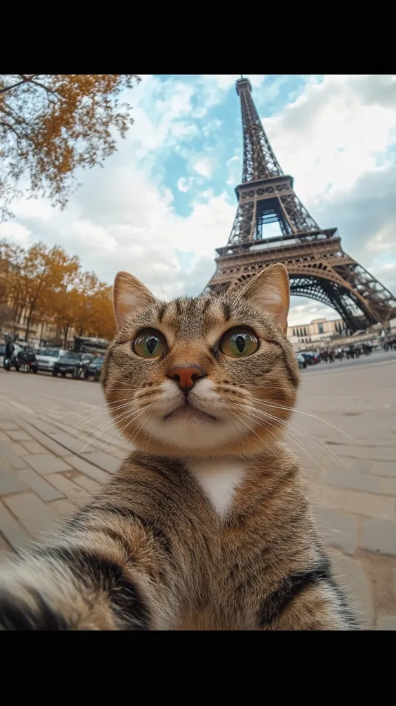 A tabby cat takes a selfie in Paris with the Eiffel Tower in the background.  The cat is in the foreground, its face filling much of the frame, creating a playful, close-up perspective.  Autumnal trees line a street with cars visible, adding to the Parisian setting.  The image has a fisheye effect, distorting the perspective for a whimsical feel.