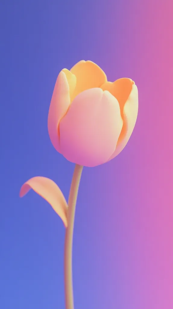 A single, pale peach tulip stands tall against a vibrant gradient background of blue transitioning to pink.  The tulip's petals are softly rendered, appearing almost smooth and waxy.  The stem is slender and elegant, extending from a single, delicate leaf. The overall image is clean, minimalist, and evocative of serenity.