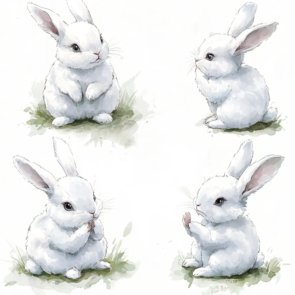 The image shows four adorable white baby rabbits in watercolor style.  Each bunny is depicted in a slightly different pose, one sitting upright, one eating, one looking to the side, and another raising its paws. They are positioned on small patches of green grass against a white background. The style is charming and delicate, suitable for children's books or illustrations.