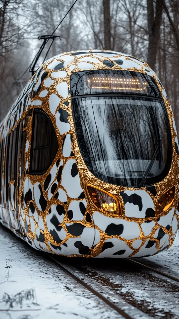 A modern tram, adorned with a striking black, white, and gold animal print design, travels along snowy tracks.  The tram's sleek, contemporary design contrasts sharply with its bold, artistic paint job.  The wintry backdrop of bare trees enhances the tram's unique appearance.  Gold accents highlight the pattern, creating a luxurious feel.