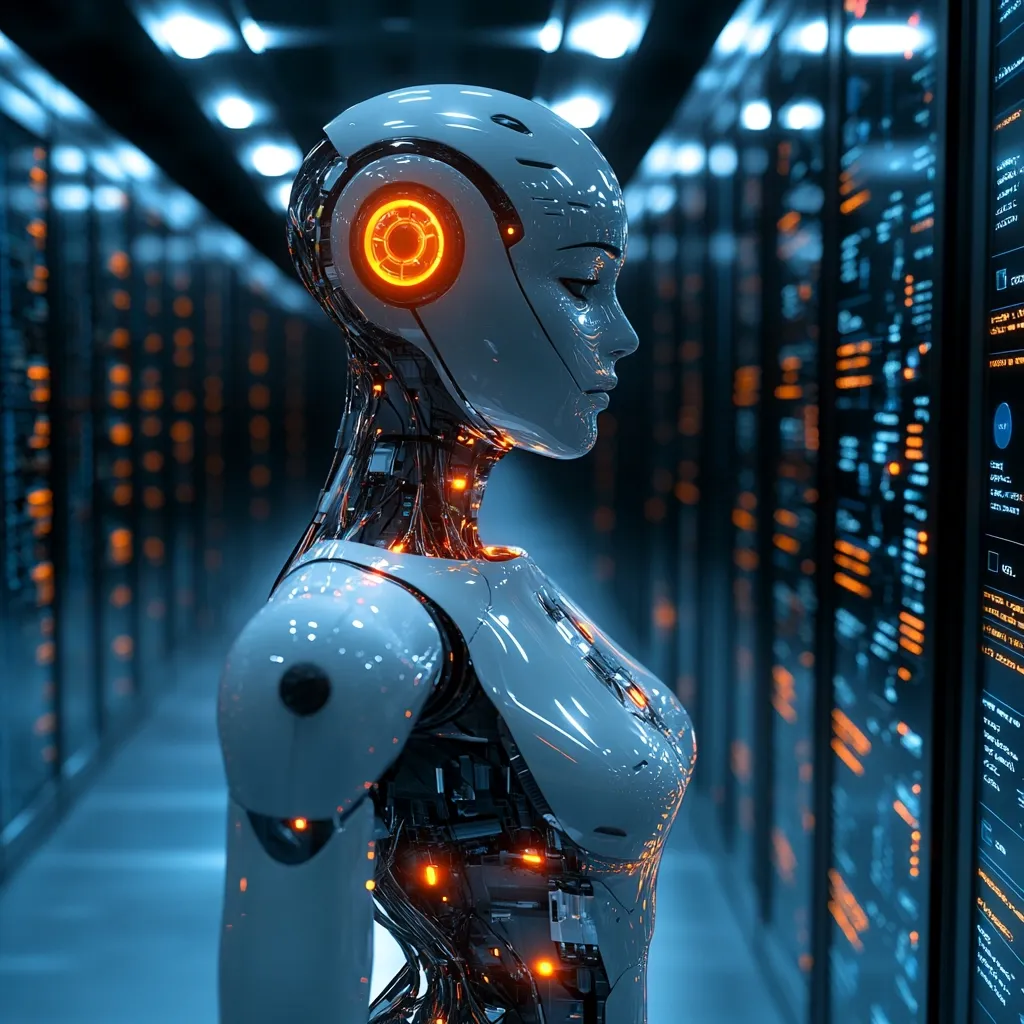 A female android stands in a server room, its polished body glowing with internal orange lights.  The robot's design is sleek and futuristic, with visible wiring and internal mechanisms. It is positioned in profile, gazing towards a wall of server racks displaying lines of data, suggesting a connection between artificial intelligence and large-scale data processing. The scene is dark and atmospheric, emphasizing the advanced technology.