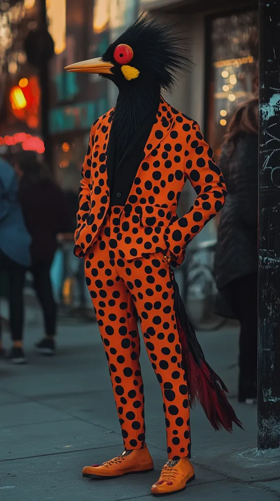 A person wearing an orange polka-dotted suit and a realistic bird head-piece stands on a city street.  The bird head is black with vibrant red and yellow accents. The long tail feathers of the costume trail behind them. The overall effect is striking and surreal, blending human fashion with avian imagery. The background is slightly blurred, showcasing a city setting at dusk.