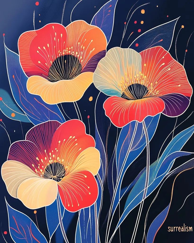 A surrealist artwork depicts three vibrant stylized poppies against a dark blue background.  The flowers are rendered in bold strokes of red, orange, and yellow, with intricate details in their centers.  Long, slender leaves in shades of blue extend from the stems, creating a dynamic composition. The style is graphic and slightly abstract, emphasizing color and form over realistic representation.  Small, scattered dots add to the overall whimsical effect.