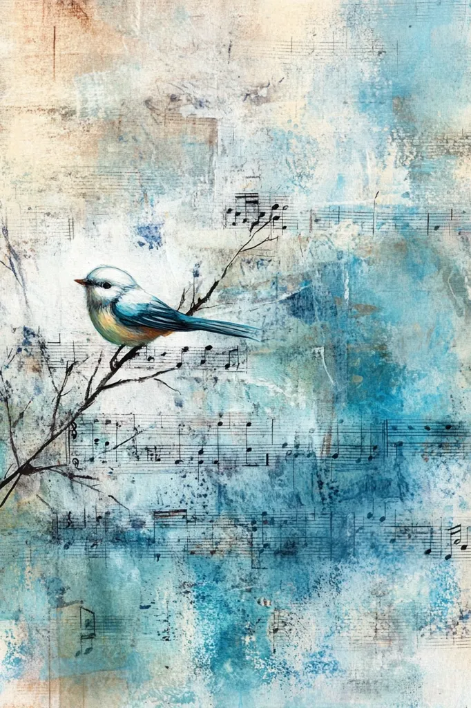 A serene artwork depicts a small, light blue bird perched on a bare branch against a textured backdrop. The background is a blend of faded sheet music, muted blues, and beige tones, creating a sense of aged artistry.  The bird's delicate form contrasts with the rough texture, suggesting a peaceful harmony between nature and music. The overall palette is calming and evokes a feeling of quiet contemplation.
