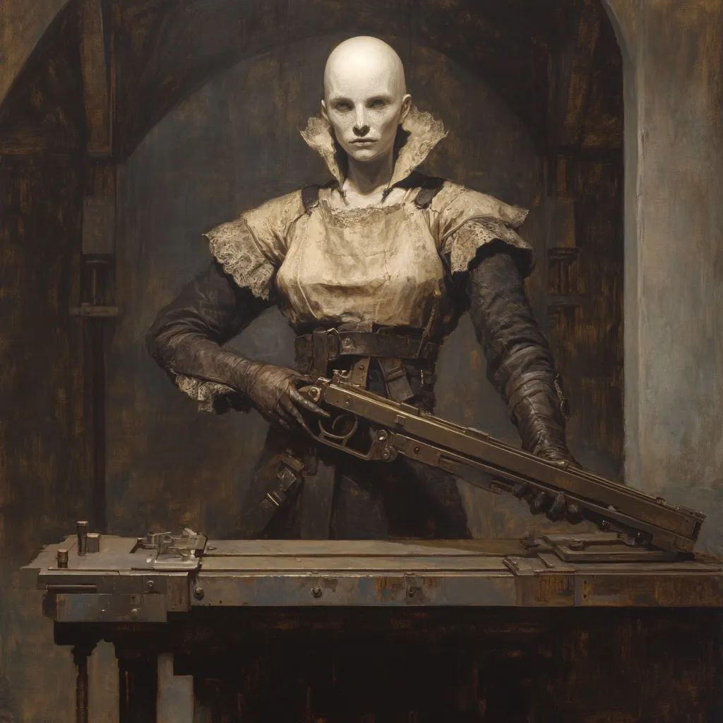 A bald, pale woman with dark clothing and leather gloves stands before a workbench, holding a large, antiquated firearm. Her expression is serious, and her attire suggests a blend of historical and futuristic elements. The overall style is dark and evocative, with muted tones and a focus on texture. The image has a gothic or steampunk aesthetic, hinting at a narrative of mystery or action.  The setting appears to be a dimly lit workshop or laboratory.