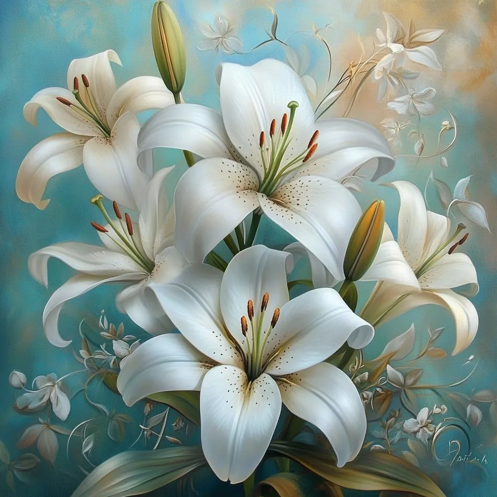 A vibrant painting showcases a cluster of pristine white lilies, their petals delicately rendered with subtle speckles.  The lilies are artfully arranged, their elegant forms highlighted against a teal backdrop.  Smaller, white flowers and foliage surround the lilies, adding depth and complexity to the composition. The overall effect is one of serene beauty and exquisite detail.