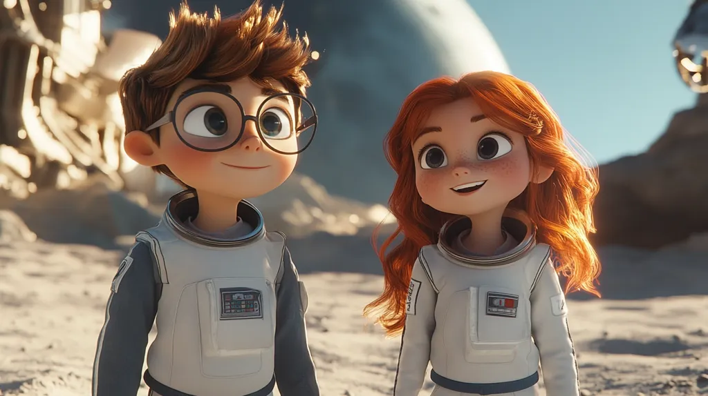 Two adorable cartoon children, a boy and a girl, dressed in astronaut suits, stand on a lunar-like landscape.  The boy wears glasses, and the girl has bright red hair. They are rendered in a charming, stylized 3D animation style, with large expressive eyes and rosy cheeks.  A partially visible spacecraft is blurred in the background.  The scene evokes a sense of wonder and adventure.