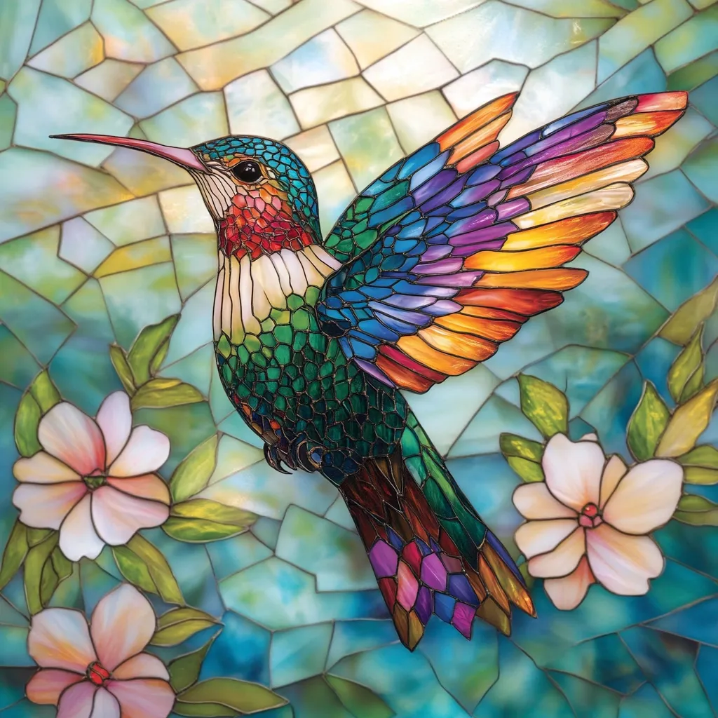 A vibrant hummingbird, rendered in a stained-glass style, takes center stage.  Its iridescent plumage shimmers with blues, greens, oranges, and purples, contrasting beautifully against the textured, mosaic-like background. Delicate white flowers with green leaves frame the hummingbird, adding a touch of floral elegance to the artwork. The overall effect is one of breathtaking beauty and intricate detail.