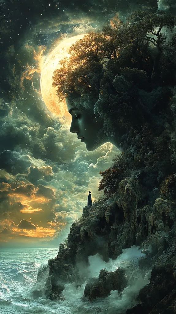 A surreal landscape features a colossal face formed from trees and earth, its profile nestled within a luminous moon.  The face gazes serenely towards a lone figure standing on a rocky cliff overlooking a turbulent sea.  The sky is a swirling mix of clouds and stars, creating a dramatic and dreamlike atmosphere.  The artwork blends fantasy and nature, evoking feelings of awe and mystery.